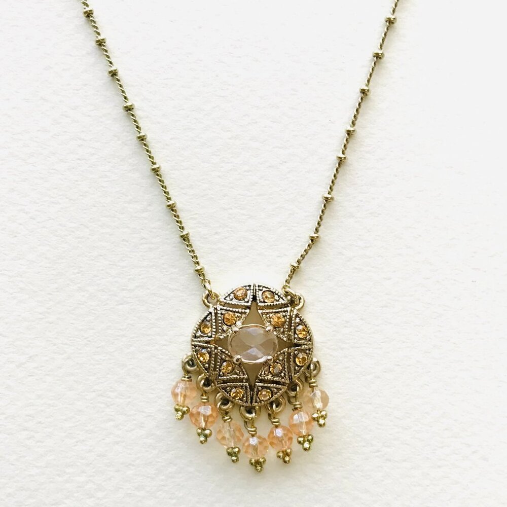 Vintage Monet Gold-Tone Medallion Necklace w/ Rhinestones & Dangling Beads